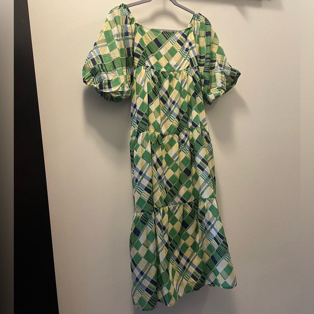 Faithfull the Brand Falabelle plaid midi dress with puff sleeves